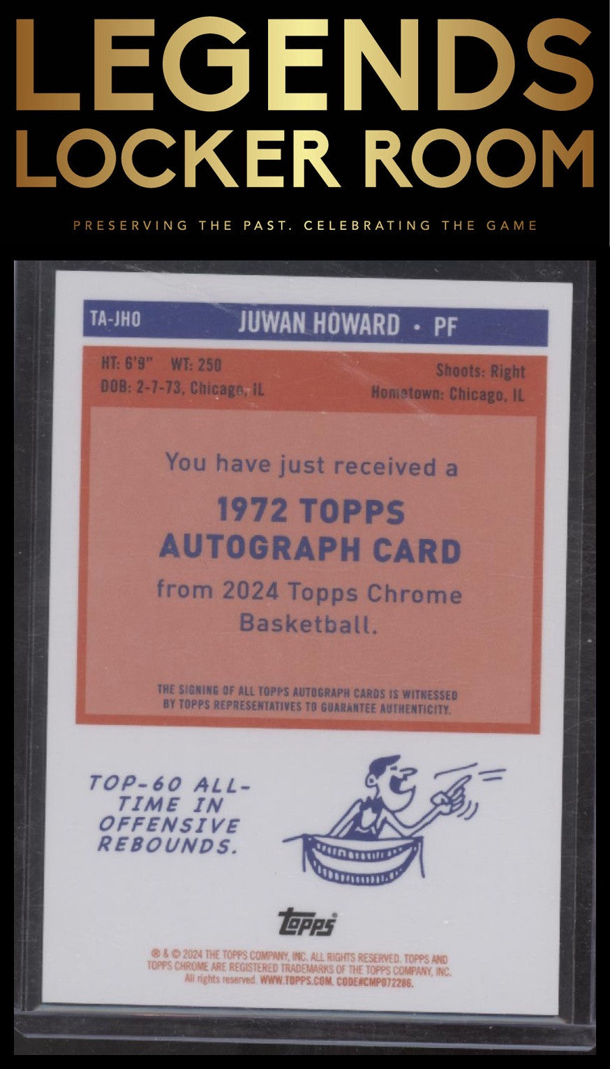 2023-24 Topps Chrome Sapphire Juwan Howard 1972 Topps Auto Padparadscha #/1