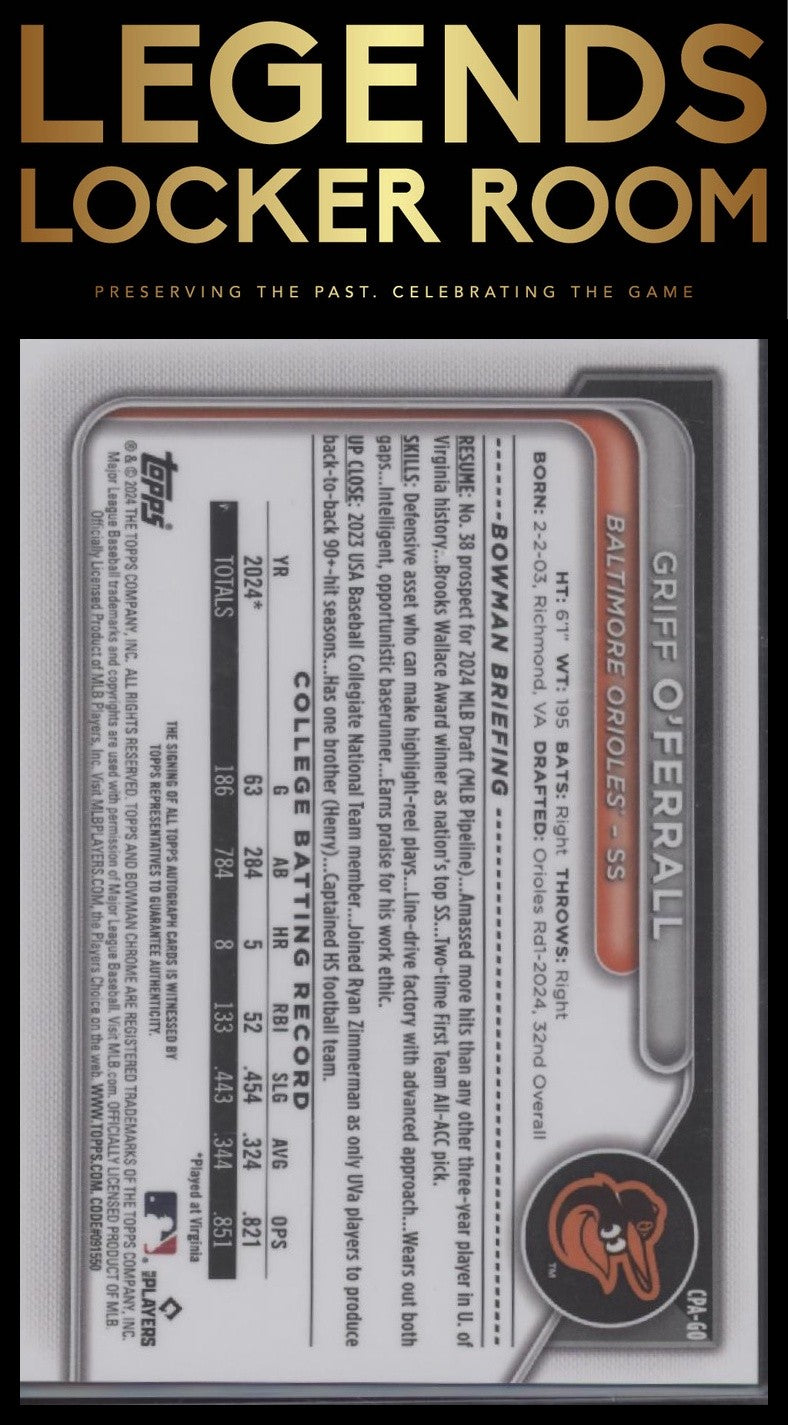 2024 Bowman Draft #CPA-GO Griff O'Ferrall Chrome Prospect Autographs