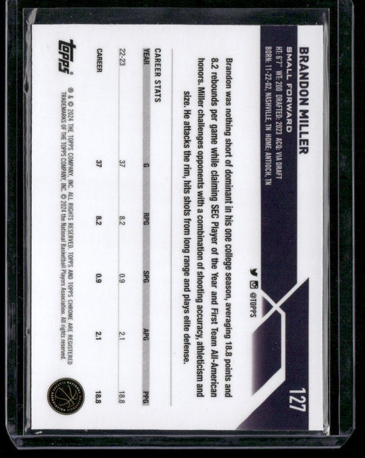 2023-24 Topps Chrome #127 Brandon Miller