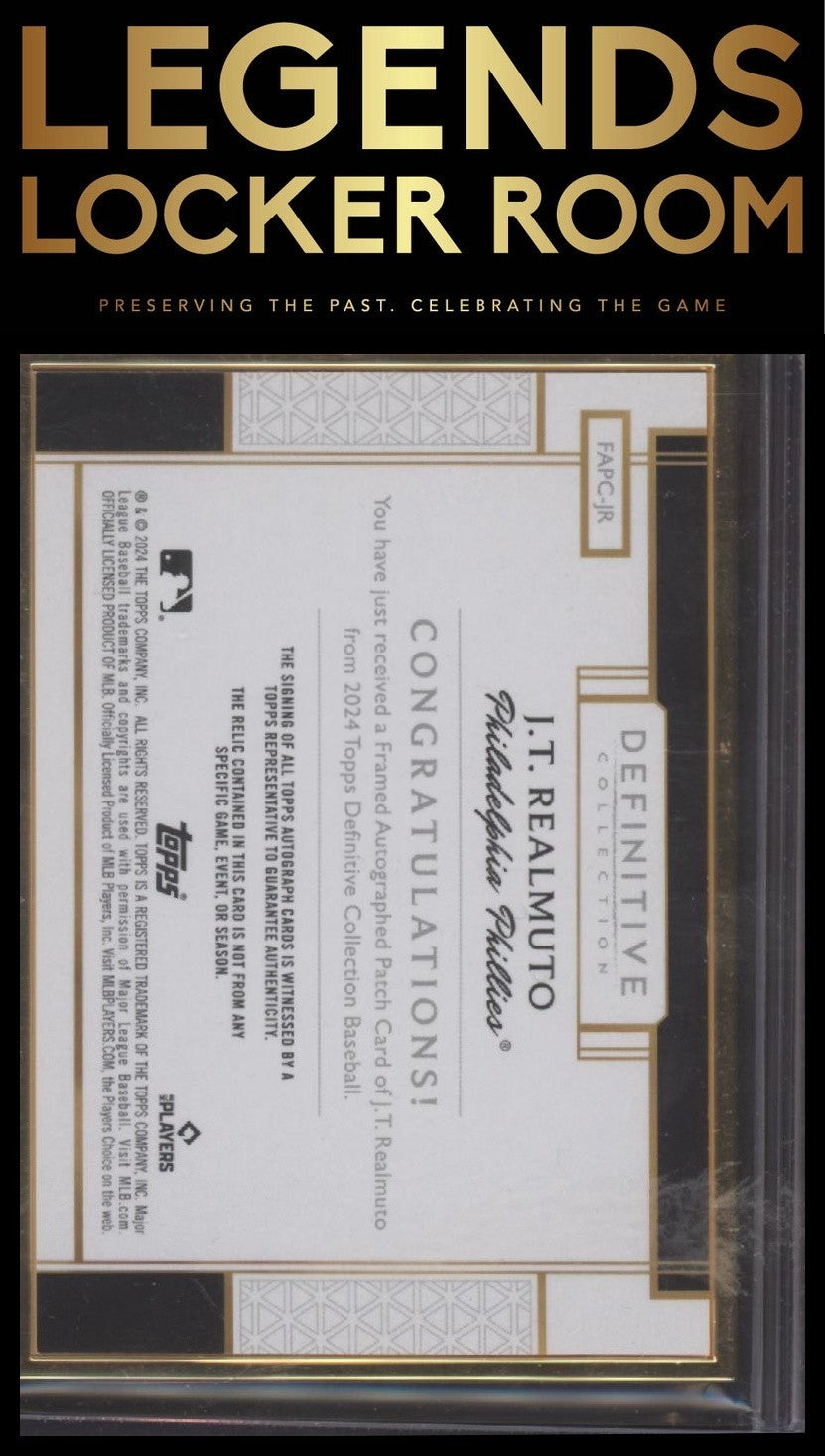 JT Realmuto 2024 Topps Definitive Gold Framed Patch Auto Purple 1/10