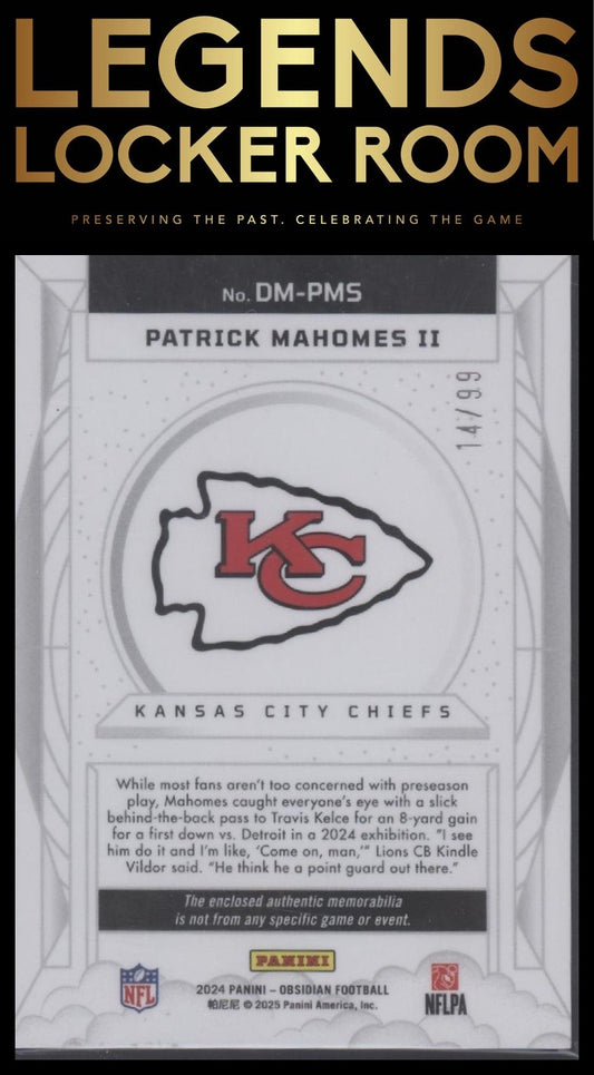 2024 Panini Obsidian - Dusk Memorabilia Silver #DM-PMS Patrick Mahomes II #/99