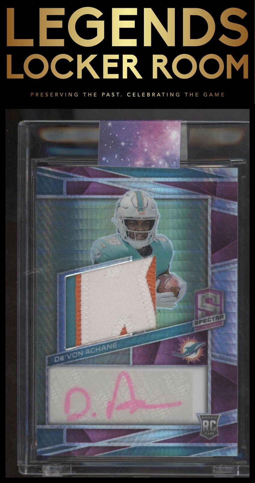 2023 Panini Spectra #209 De'Von Achane Rookie Patch Autographs Neon Pink #/25