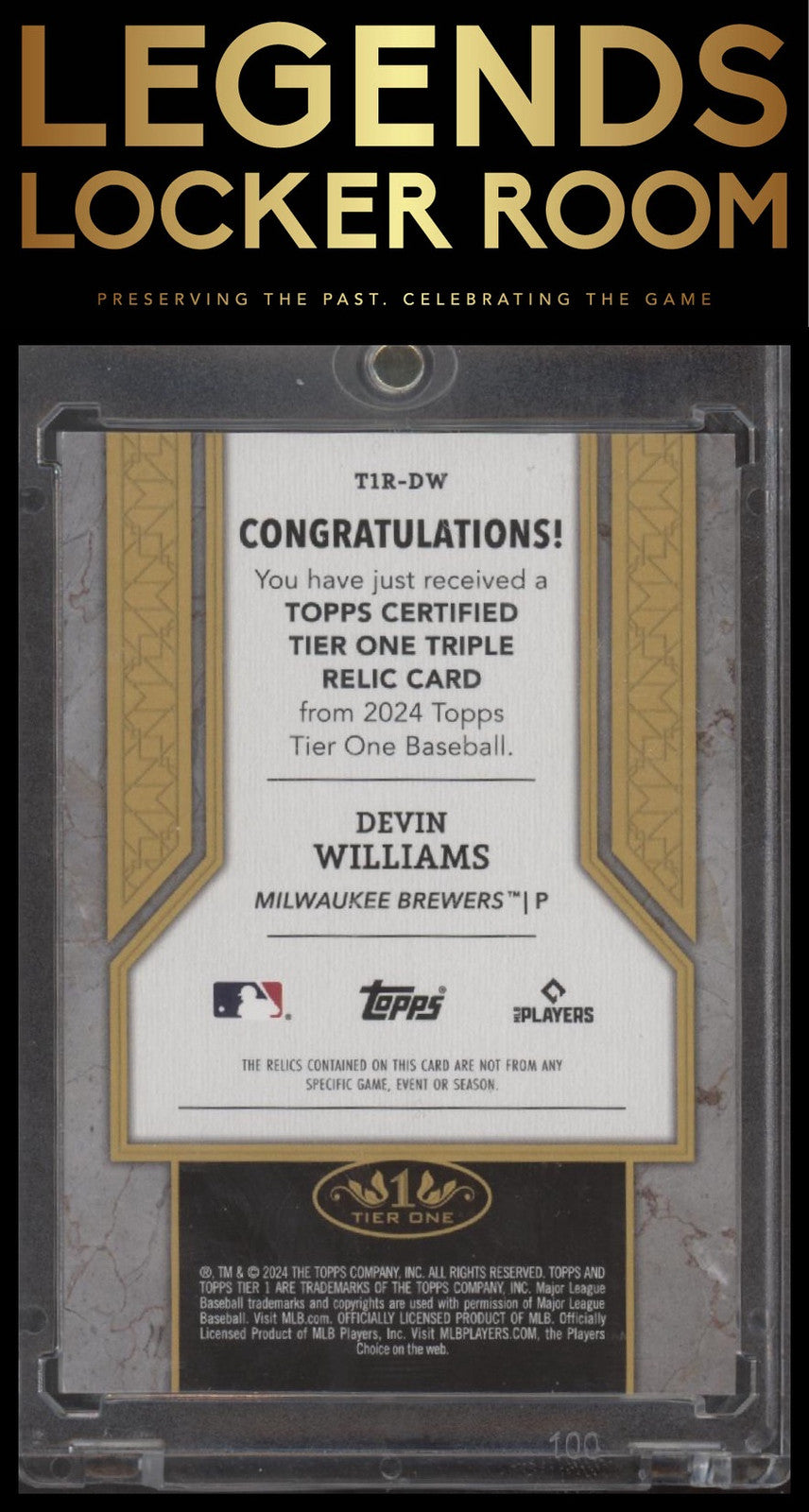 2024 Topps Tier One #T1R-DW Devin Williams Tier One Relics Triples