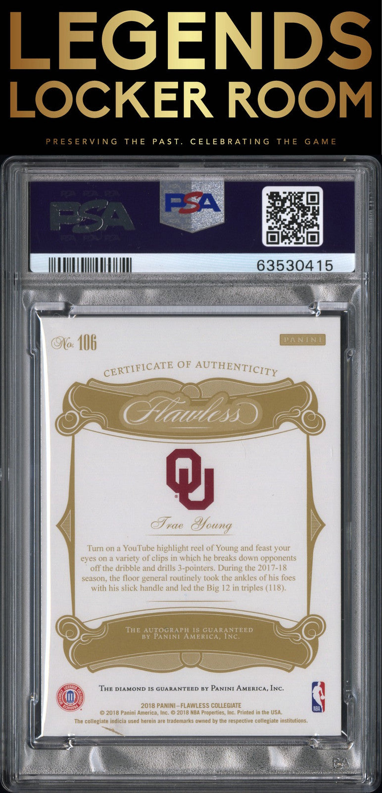 2018 Panini Flawless Collegiate #106 Trae Young Gems Signature PSA 9