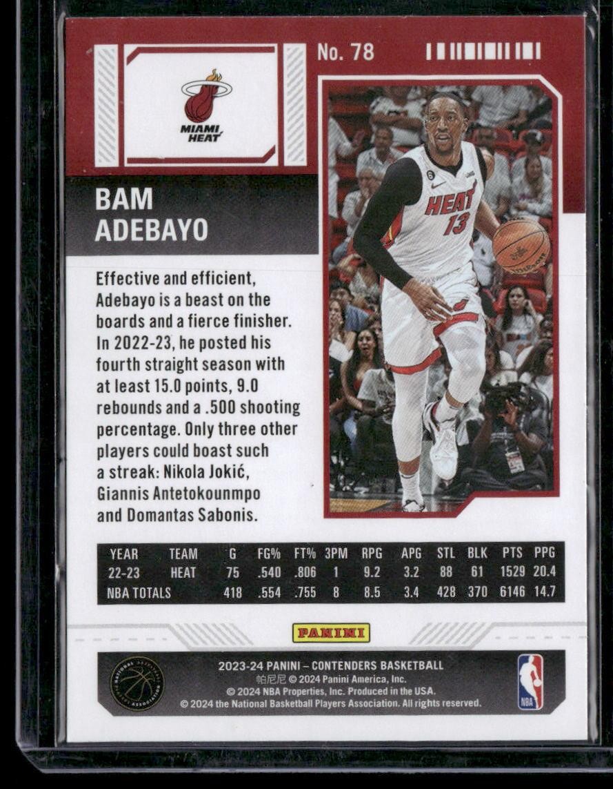 2023-24 Panini Contenders #78 Bam Adebayo Season Ticket Retail