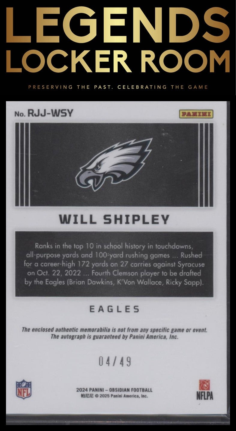 2024 Panini Obsidian Will Shipley Rookie Jumbo Jersey Auto Purple /49
