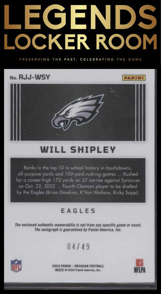 2024 Panini Obsidian Will Shipley Rookie Jumbo Jersey Auto Purple /49